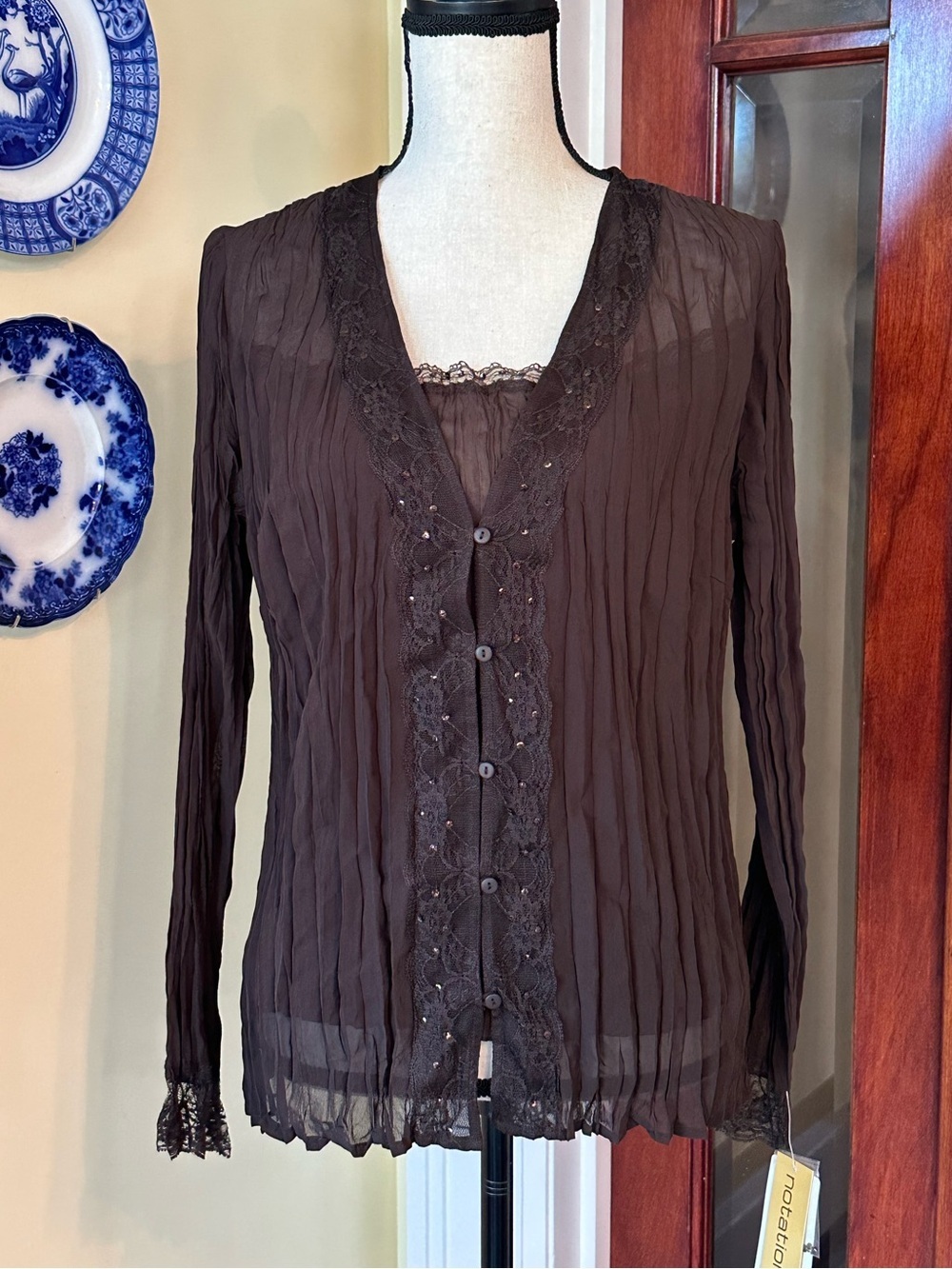 Notations | Y2K Brown Crinkle Sheer Sequin Cardigan w/Faux Attached Cami, Size L